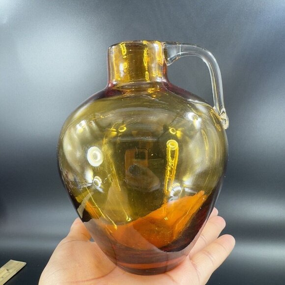 Vintage Hand Blown Amber Glass Jug Decanter Vase With Clear Applied Handle Glass - Picture 8 of 16